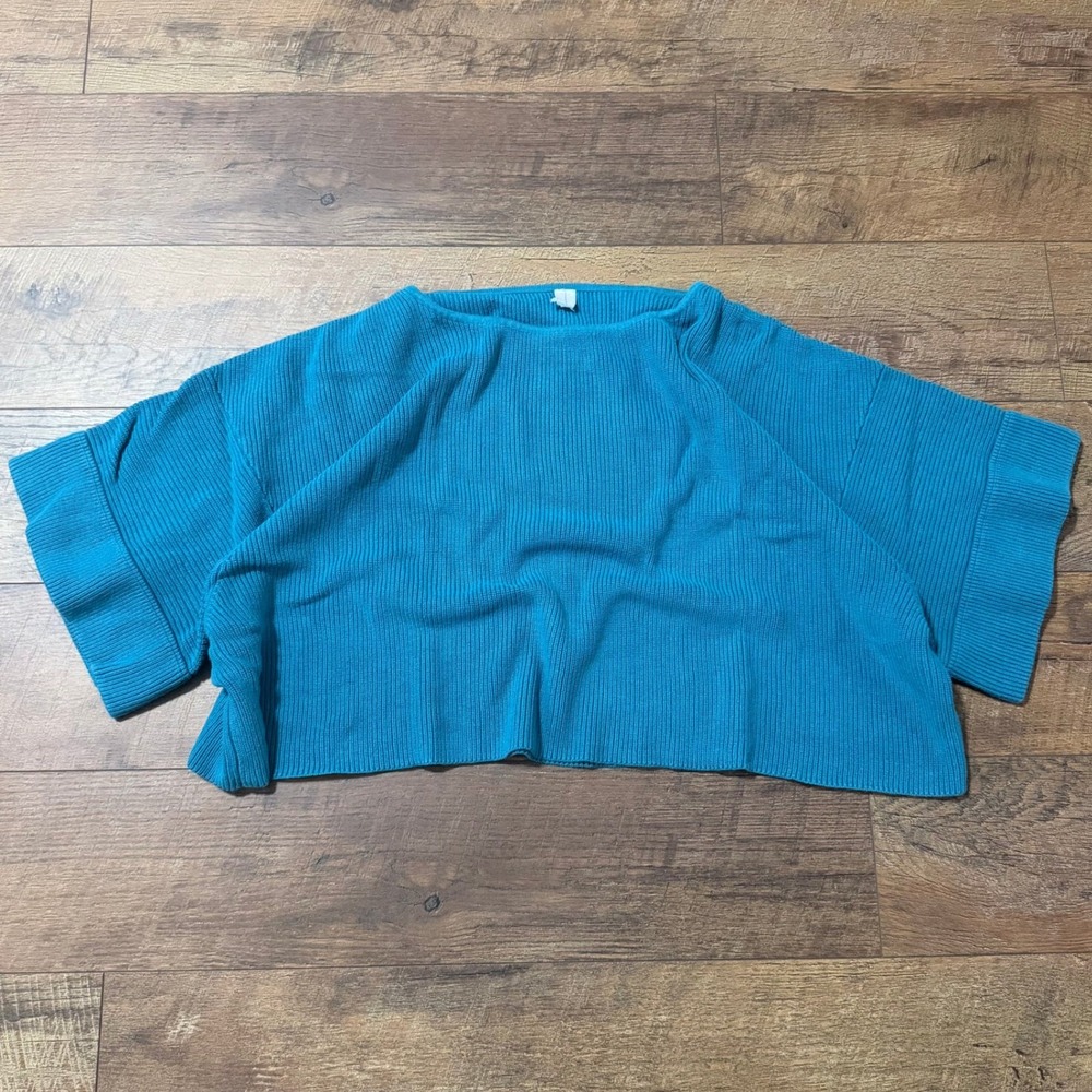 Unbranded Turquoise Blue Ribbed Knit‎ Cropped Short Sleeve Boxy Sweater Top